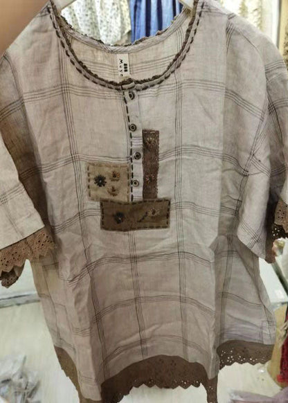 Bohemian Grau Rüschen Plaid Baumwolle Hemd Tops Kurzarm