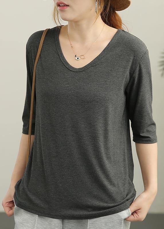 Bohemian Grey V Neck Cotton Top Summer - SooLinen