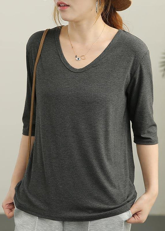 Bohemian Grey V Neck Cotton Top Summer - SooLinen