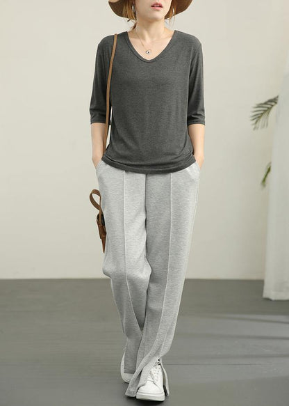 Bohemian Grey V Neck Cotton Top Summer - SooLinen