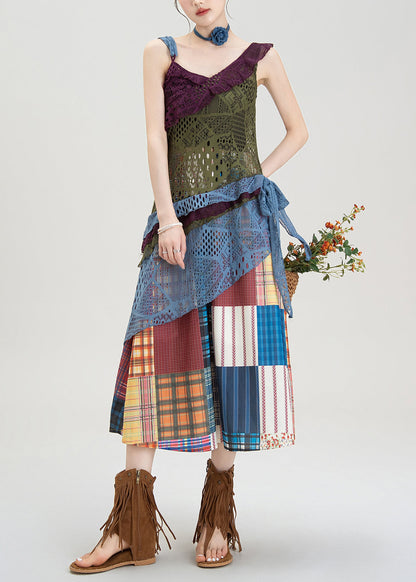 Sommerliches, asymmetrisches Träger- und Rock-Set im Boho-Stil mit hohler Strickoptik