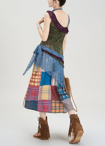 Sommerliches, asymmetrisches Träger- und Rock-Set im Boho-Stil mit hohler Strickoptik