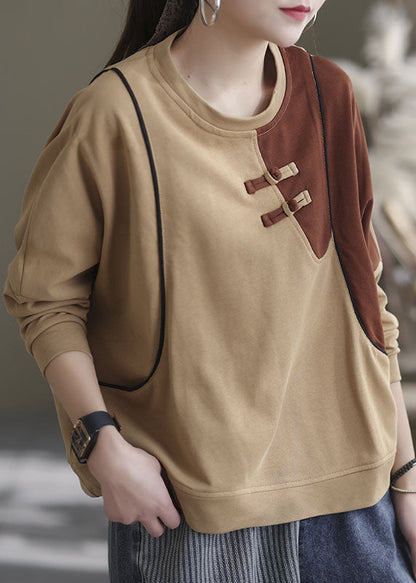 Bohemian Khaki O-Ausschnitt Patchwork Baumwolle Sweatshirts Frühling