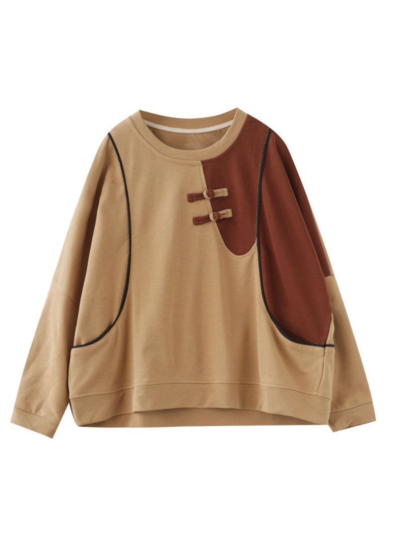 Bohemian Khaki O-Ausschnitt Patchwork Baumwolle Sweatshirts Frühling