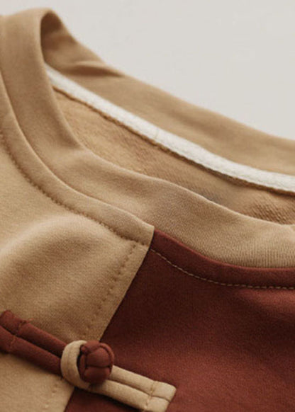 Bohemian Khaki O-Ausschnitt Patchwork Baumwolle Sweatshirts Frühling