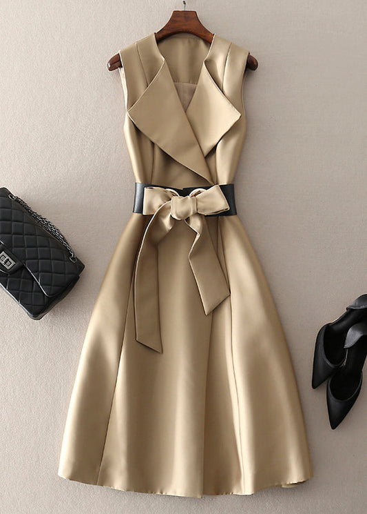 Böhmisches Khaki-Kleid mit Peter-Pan-Kragen und Schleife, ärmellos