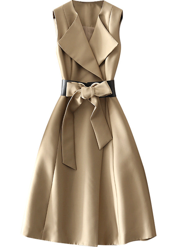 Böhmisches Khaki-Kleid mit Peter-Pan-Kragen und Schleife, ärmellos