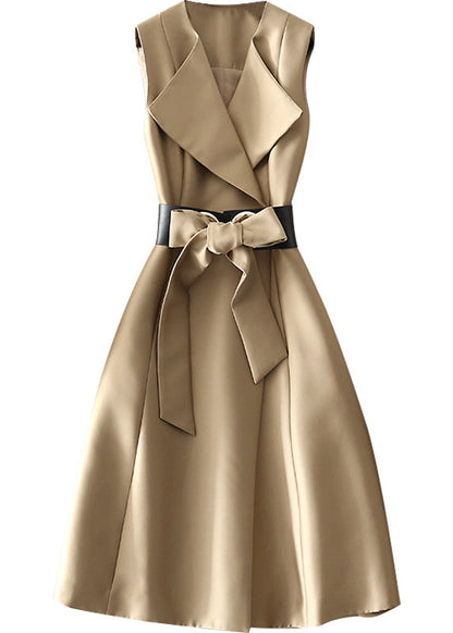 Böhmisches Khaki-Kleid mit Peter-Pan-Kragen und Schleife, ärmellos