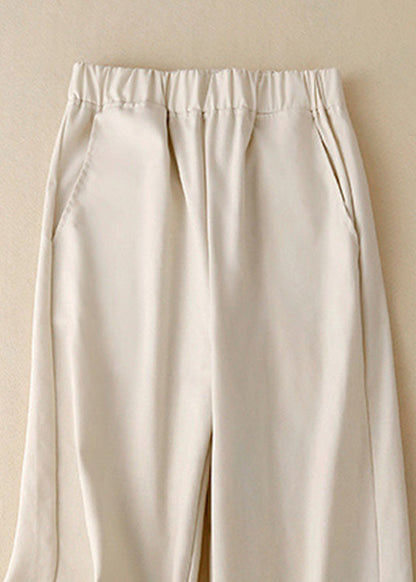 Pantalones cortos de lino liso con cintura elástica y bolsillos color caqui bohemios para verano
