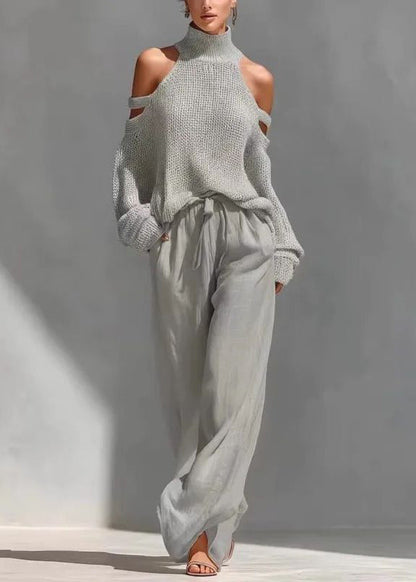 Bohemian Khaki Turtleneck Cold Shoulder Top And Wide Leg Pants Two Pieces Set Summer