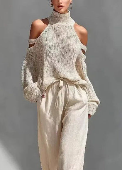 Bohemian Khaki Turtleneck Cold Shoulder Top And Wide Leg Pants Two Pieces Set Summer