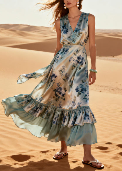Bohemian Light Blue Ruffled Patchwork Print Silk Maxi Dresses Summer