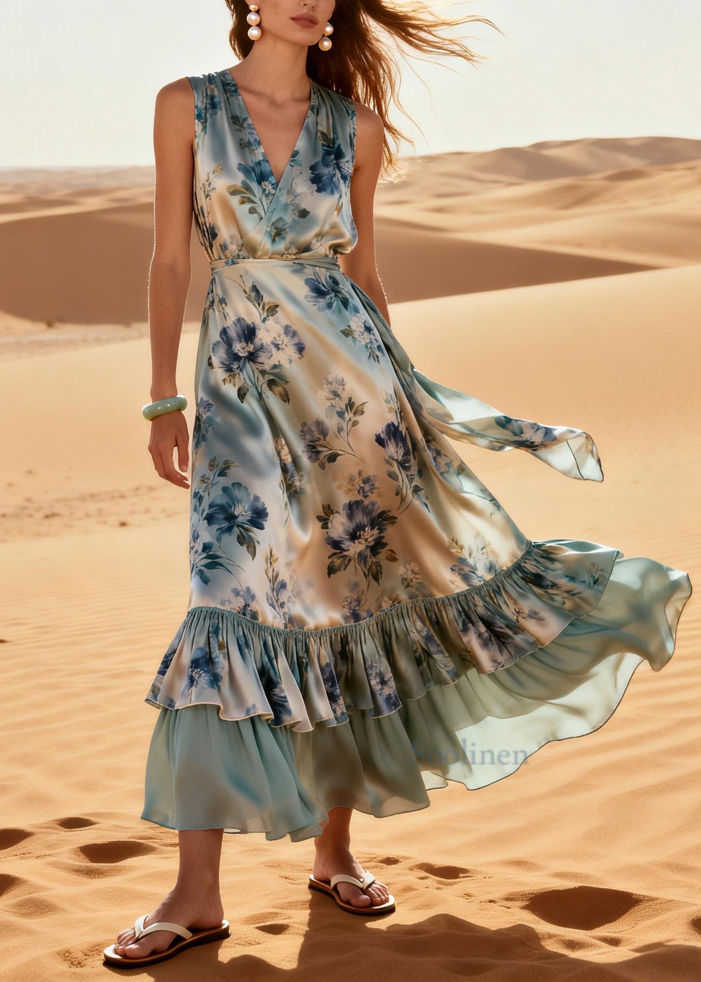 Bohemian Light Blue Ruffled Patchwork Print Silk Maxi Dresses Summer