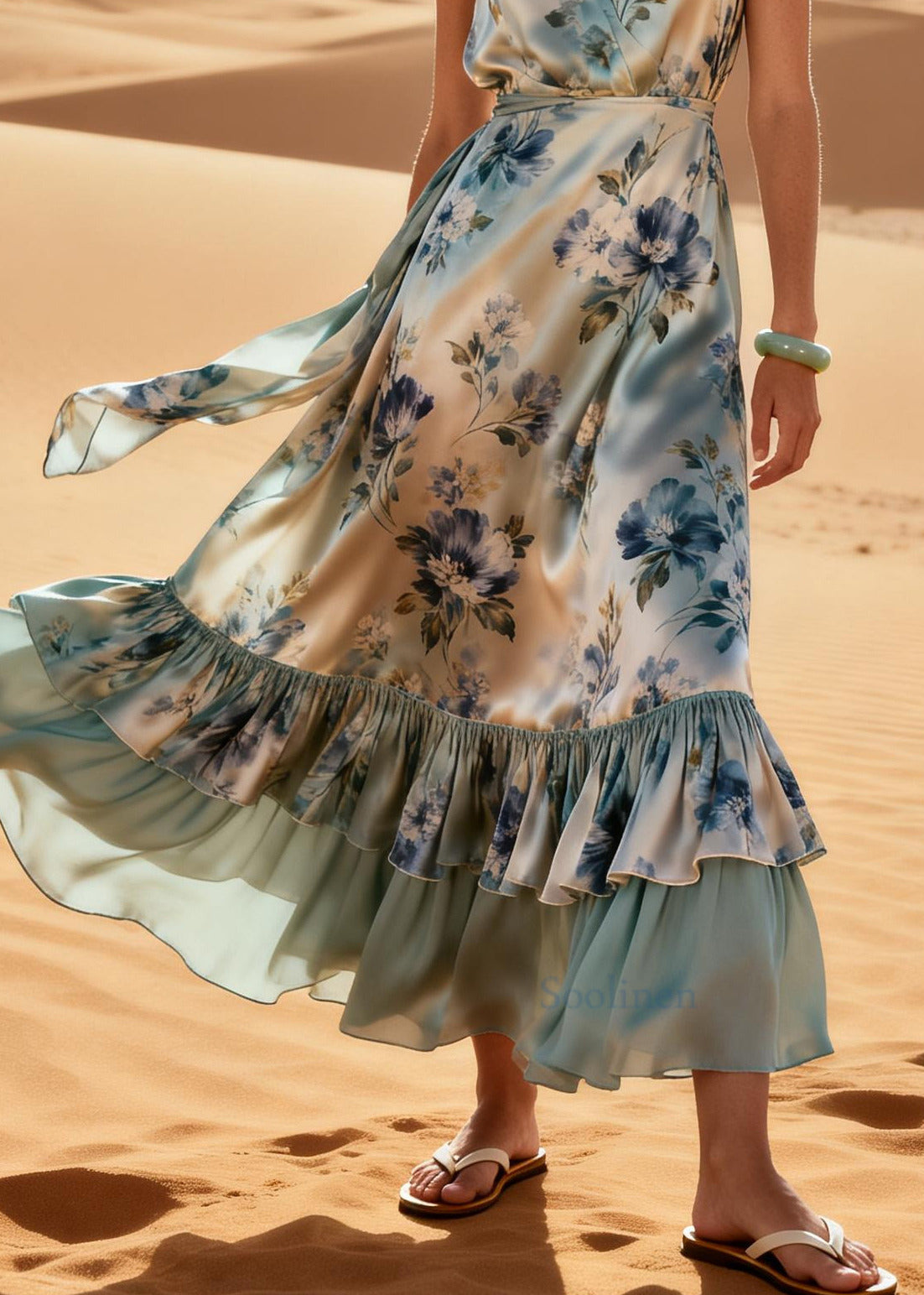 Bohemian Light Blue Ruffled Patchwork Print Silk Maxi Dresses Summer