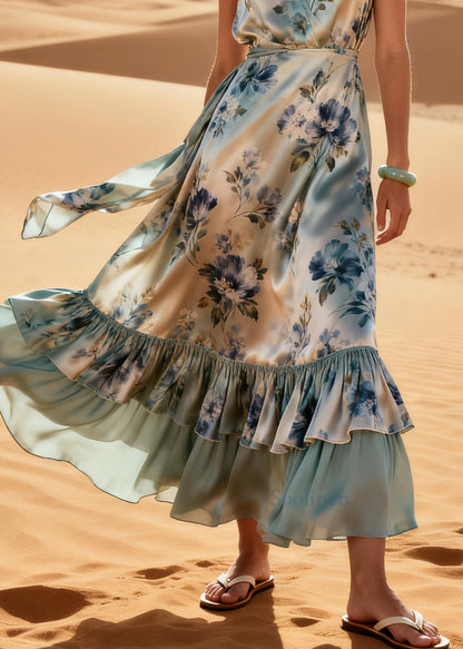 Bohemian Light Blue Ruffled Patchwork Print Silk Maxi Dresses Summer