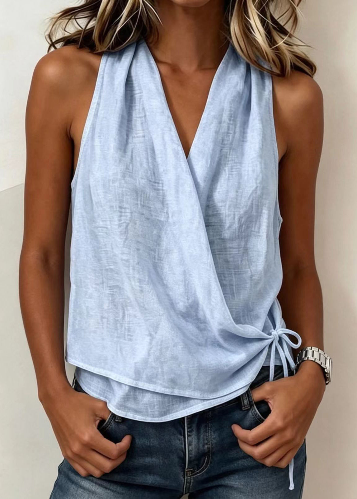 Bohemian Light Blue V Neck  Beach Vest Sleeveless