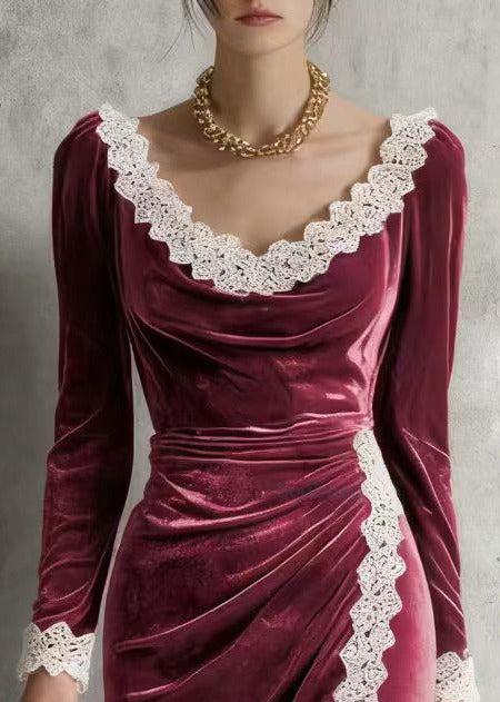 Bohemian Mulberry O-Neck Lace Patchwork Silk Velvet Mid Dress Spring