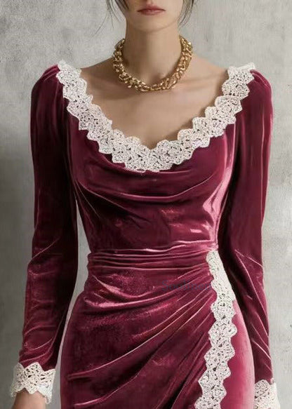 Bohemian Mulberry O-Neck Lace Patchwork Silk Velvet Mid Dress Spring