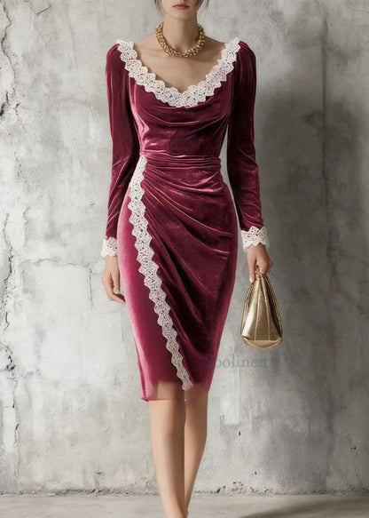 Bohemian Mulberry O-Neck Lace Patchwork Silk Velvet Mid Dress Spring