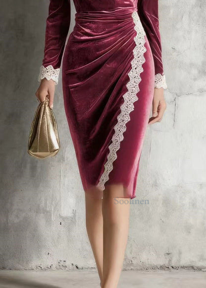 Bohemian Mulberry O-Neck Lace Patchwork Silk Velvet Mid Dress Spring