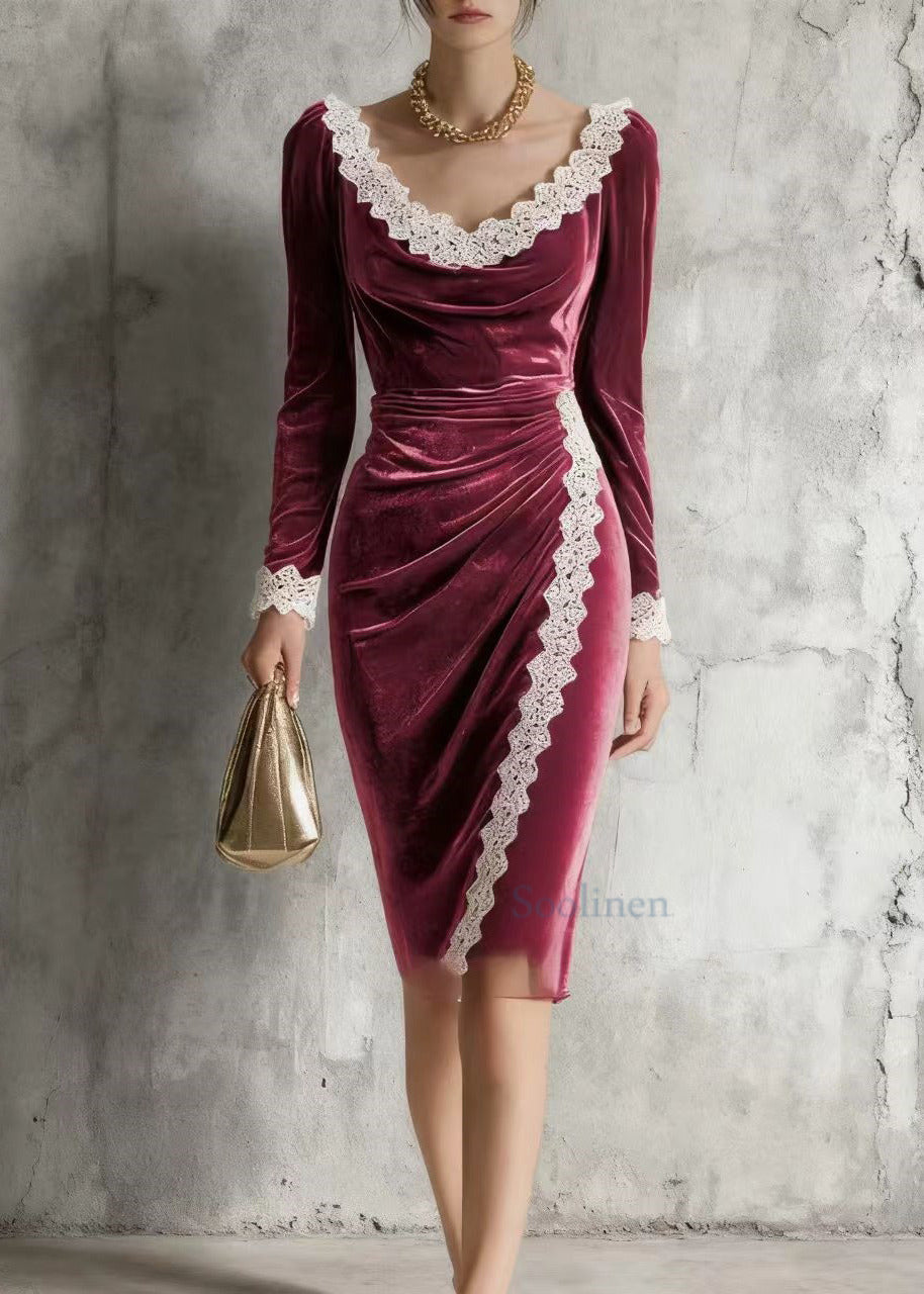 Bohemian Mulberry O-Neck Lace Patchwork Silk Velvet Mid Dress Spring