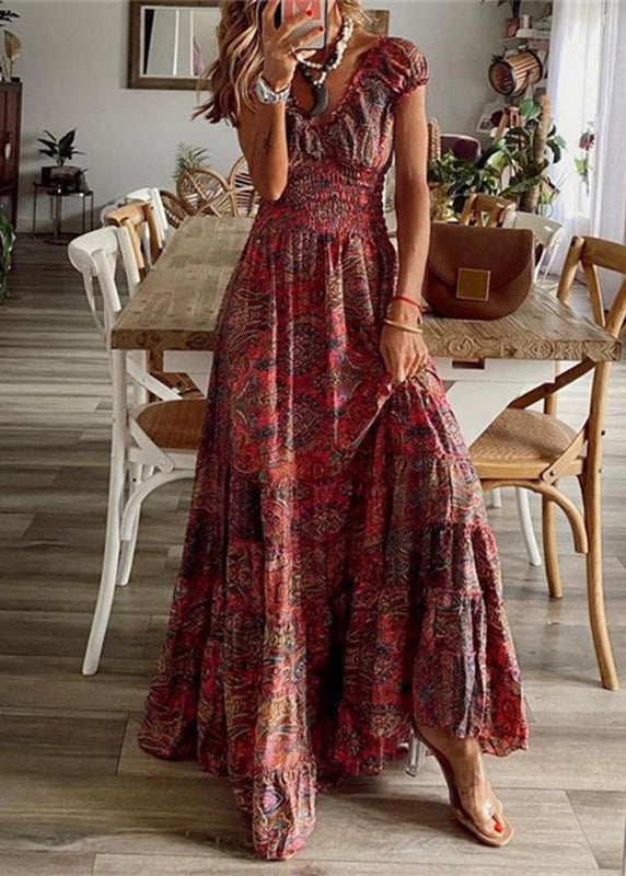 Bohemian Mulberry Print Elastic Waist Long Dresses Summer