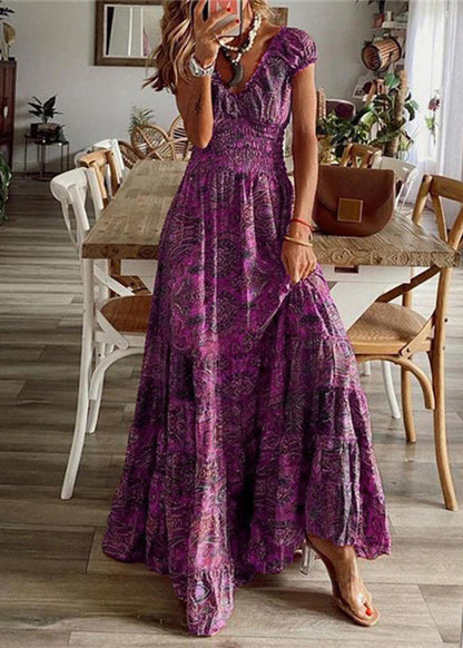 Bohemian Mulberry Print Elastic Waist Long Dresses Summer