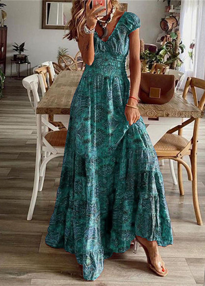 Bohemian Mulberry Print Elastic Waist Long Dresses Summer