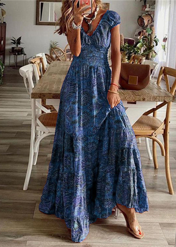 Bohemian Mulberry Print Elastic Waist Long Dresses Summer