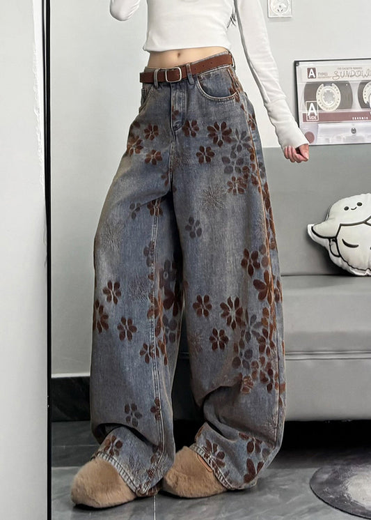 Bohemian Navy Oversized Print Denim Pants Spring