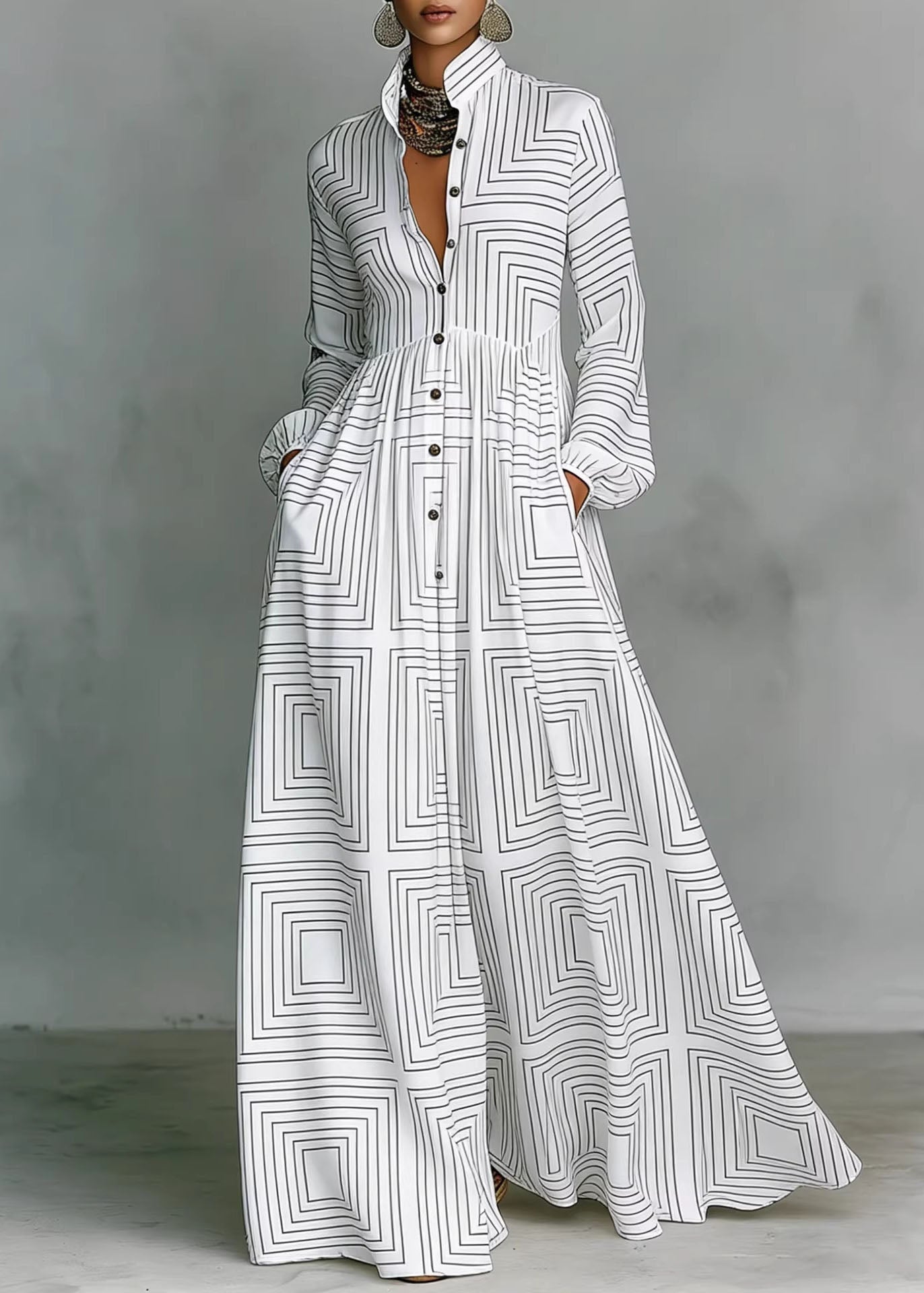 Bohemian Navy Print Pockets Cotton Long Dress Fall