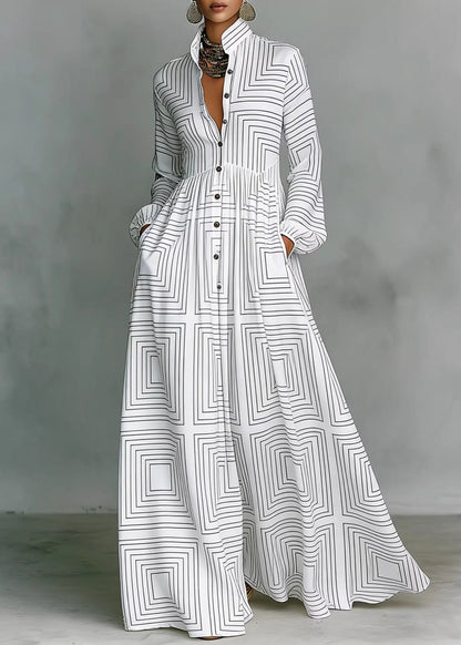 Bohemian Navy Print Pockets Cotton Long Dress Fall