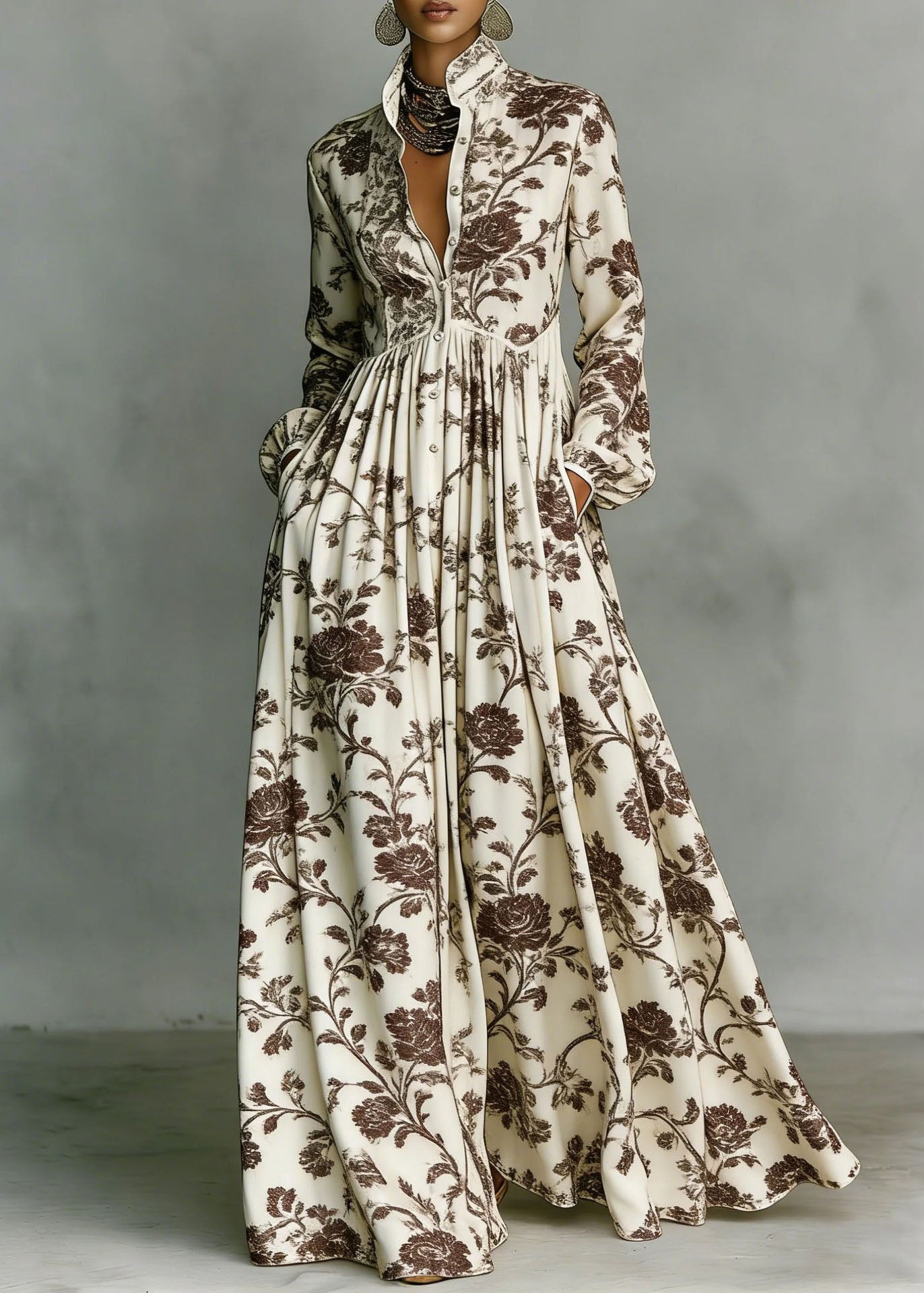 Bohemian Navy Print Pockets Cotton Long Dress Fall