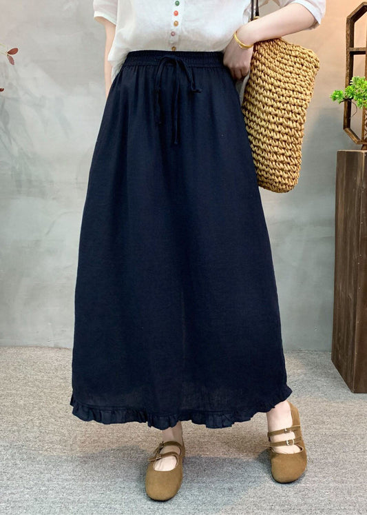Bohemian Navy Ruffled Patchwork Elastic Waist Linen Skirt Summer