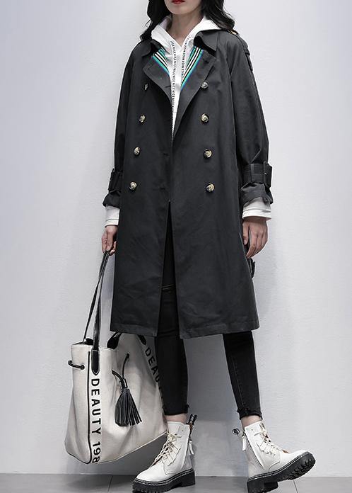 Bohemian Notched tie waist Fine trench coat black Knee coats - SooLinen