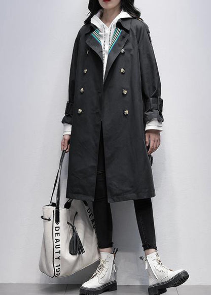 Bohemian Notched tie waist Fine trench coat black Knee coats - SooLinen