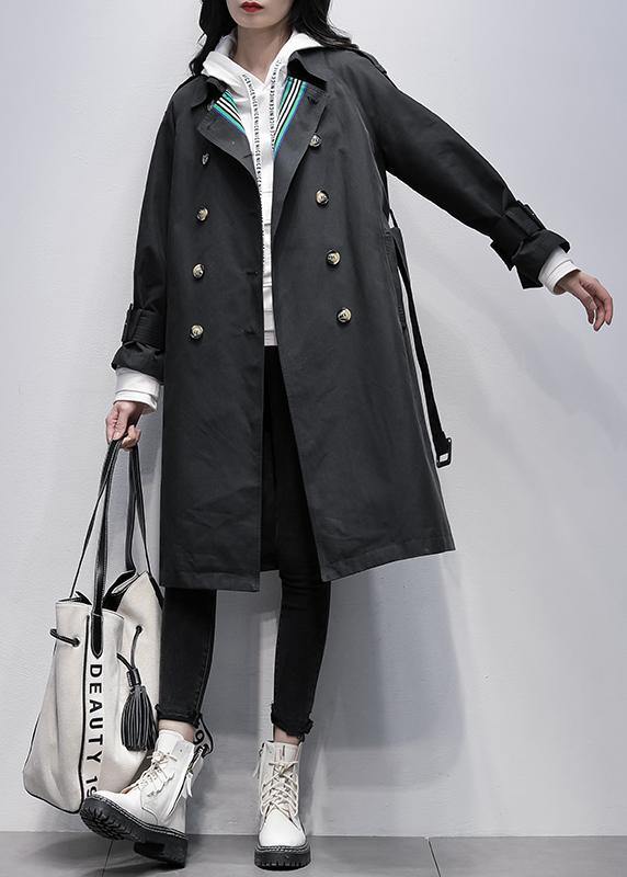 Bohemian Notched tie waist Fine trench coat black Knee coats - SooLinen