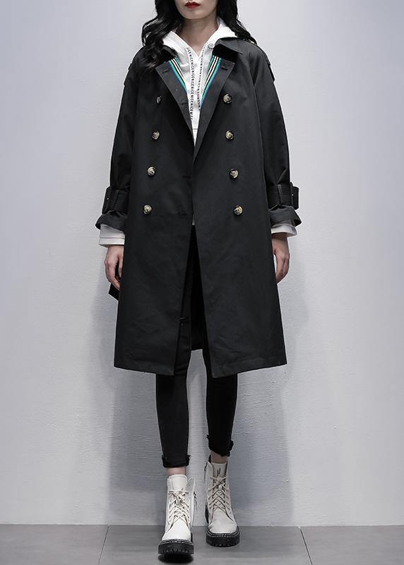 Bohemian Notched tie waist Fine trench coat black Knee coats - SooLinen