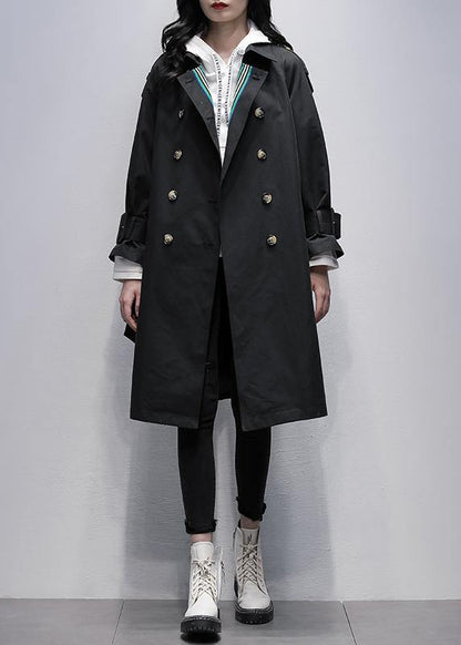Bohemian Notched tie waist Fine trench coat black Knee coats - SooLinen