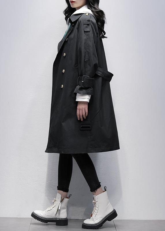Bohemian Notched tie waist Fine trench coat black Knee coats - SooLinen