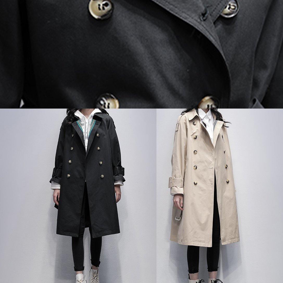 Bohemian Notched tie waist Fine trench coat black Knee coats - SooLinen