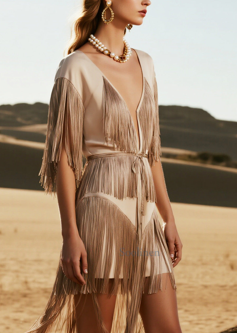 Bohemian Nude Tasseled Low High Design Day Dress Summer