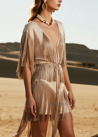 Bohemian Nude Tasseled Low High Design Day Dress Summer
