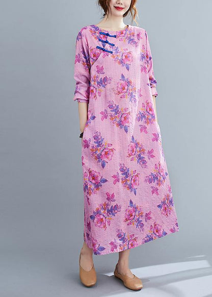 Bohemian O Neck Chinese Button Spring Pattern Purple Print Loose Dress - SooLinen