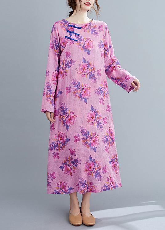 Bohemian O Neck Chinese Button Spring Pattern Purple Print Loose Dress - SooLinen