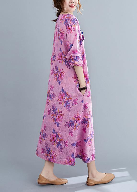 Bohemian O Neck Chinese Button Spring Pattern Purple Print Loose Dress - SooLinen