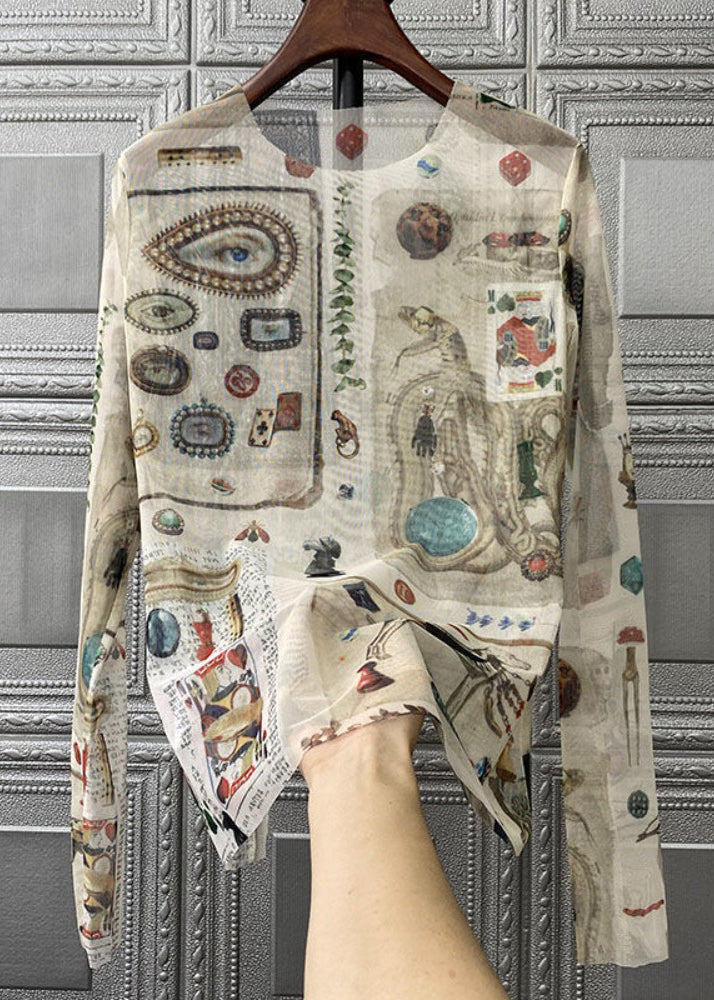 Camisetas de tul con estampado bohemio de cuello redondo para primavera