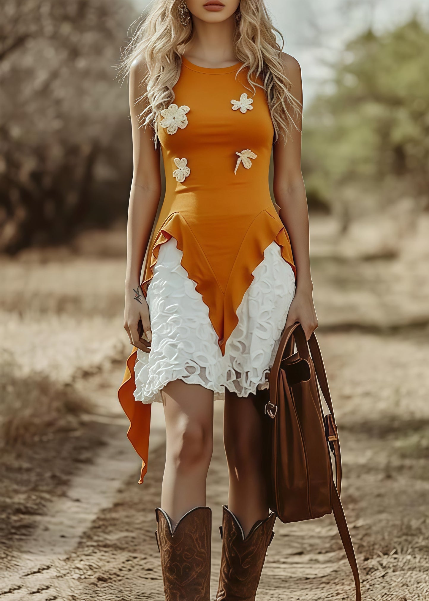 Bohemian Orange Asymmetrical Floral Cotton Tanks Sleeveless