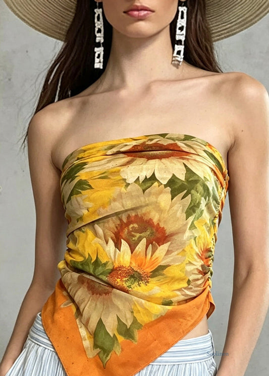 Bohemian Orange Cold Shoulder Print Vest Sleeveless
