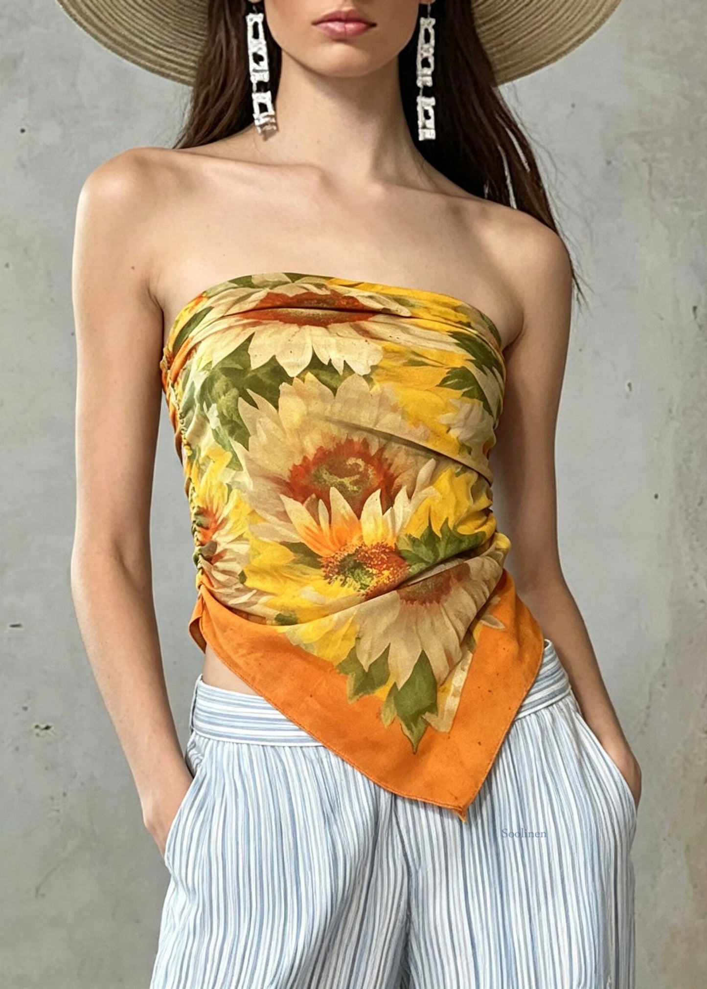 Bohemian Orange Cold Shoulder Print Vest Sleeveless